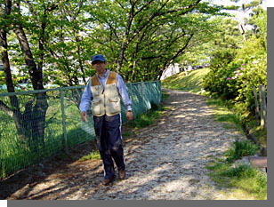 山田池公園をウォーキング中の筆者とシダレモモ