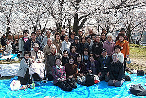 満開の桜の下で全員集合
